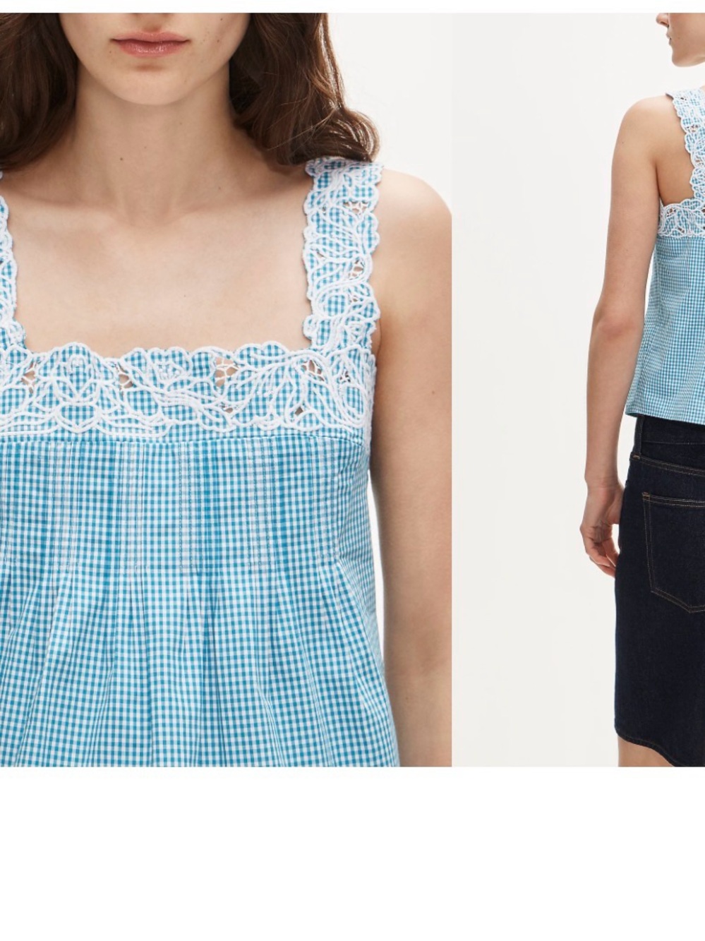 Embroidered lace-trim cropped tank top in gingham compact poplin teal
